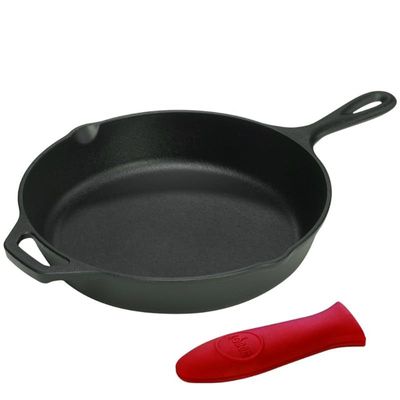 Logic 13.25 Inch Cast Iron Skillet With Helper Handle And Red Silicone Handle Holder