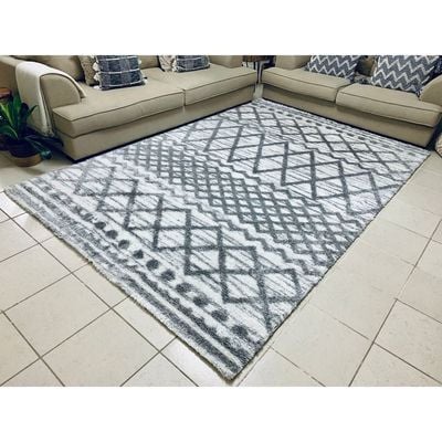 Fes Rug-Fluffy / Shaggy Style-White-Grey-250 x 350 cm (8.2 x 11.5 ft)