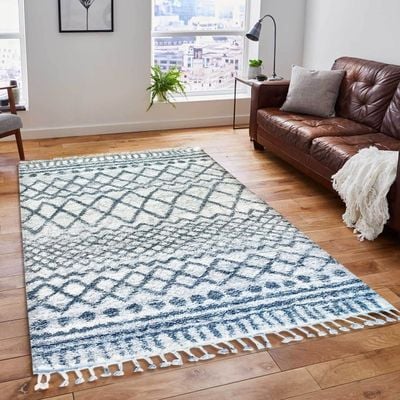 Fes Rug-Fluffy / Shaggy Style-White-Grey-250 x 350 cm (8.2 x 11.5 ft)