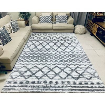 Fes Rug-Fluffy / Shaggy Style-White-Grey-250 x 350 cm (8.2 x 11.5 ft)