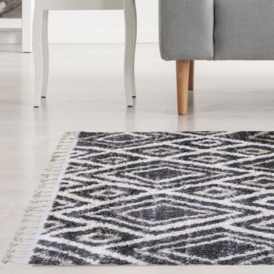 Mahek Rug-Fluffy / Shaggy Style-White-Grey-150 x 230 cm (4.9 x 7.5 ft)