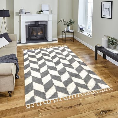 Arrow Rug-Fluffy / Shaggy Style-White-Grey-200 x 300 cm (6.6 x 9.8 ft)