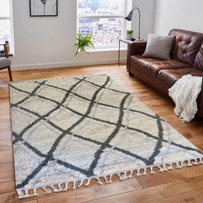 Musa Rug-Fluffy / Shaggy Style-White-Grey-Beige-150 x 230 cm (4.9 x 7.5 ft)