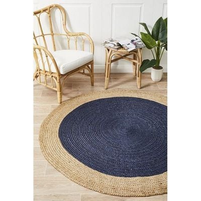 Antalya Rug-Jute, Wool & Cotton Style-Natural Beige-Navy Blue-120 cm (3.9 ft)