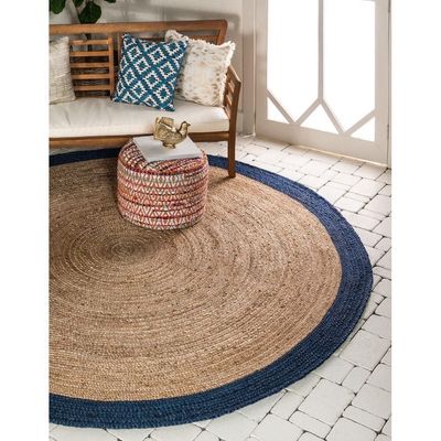 Siteia Rug-Jute, Wool & Cotton Style-Natural Beige-Navy Blue-150 cm (4.9 ft)