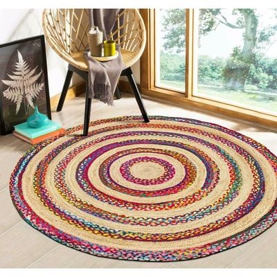 Sindos Rug-Jute, Wool & Cotton Style-Multi-Coloured-Coloured-90 cm (3 ft)