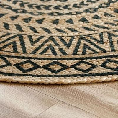 Karpenisi Rug-Jute, Wool & Cotton Style-Natural Beige-Black-120 cm (3.9 ft)