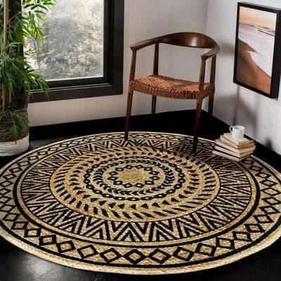 Karpenisi Rug-Jute, Wool & Cotton Style-Natural Beige-Black-120 cm (3.9 ft)