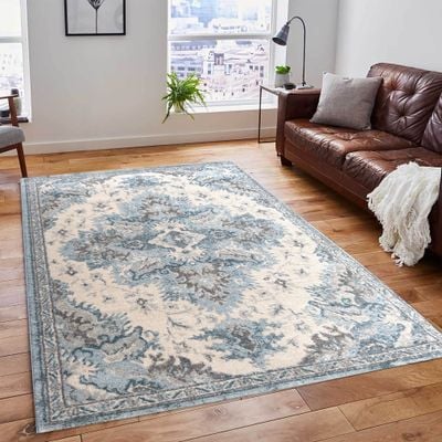 Messini Rug-Vintage Style-Cream-Blue-300 x 300 cm (9.8 x 9.8 ft)