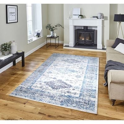 Renaissance Rug-Vintage Style-Cream-Sky Blue-100 x 200 cm (3.3 x 6.6 ft)