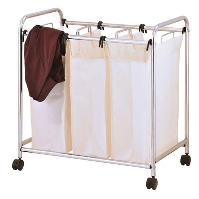 Zenments, Rolling Triple Laundry Sorter Bin, Heavy Duty, Chrome, 76.5Wx45.5Dx80H cm, HTC-ZEN-265