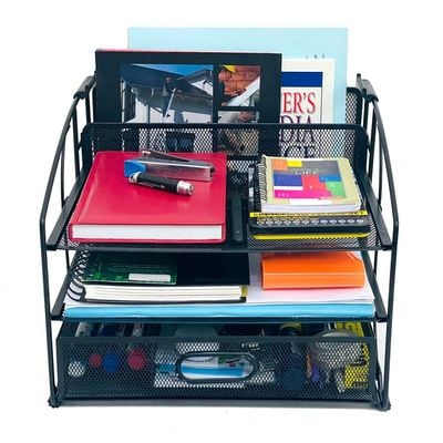 Zenments, 3 Tier Mesh Desk Organiser, 3 Tray With Sliding Drawer and Hanging File Holder, Office Supplies Organizer, Black, HTC-ZEN-274