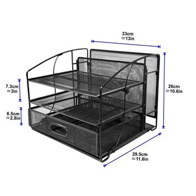 Zenments, 3 Tier Mesh Desk Organiser, 3 Tray With Sliding Drawer and Hanging File Holder, Office Supplies Organizer, Black, HTC-ZEN-274