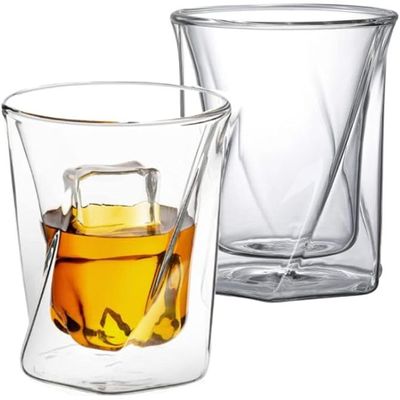 1CHASE Double Wall Insulated Hexagon Shape, Borosilicate Glass Tumbler Set Of 2, 350 ML