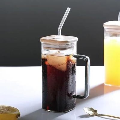 1CHASE Borosilicate Square Drinking Glasses With Bamboo Lid, Glass Straw and Handle 320 ML (1 PCS)