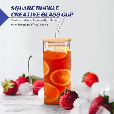 1CHASE Borosilicate Square Drinking Glasses With Bamboo Lid, Glass Straw and Handle 320 ML (1 PCS)