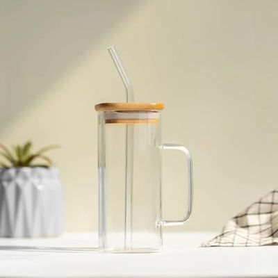 1CHASE Borosilicate Square Drinking Glasses With Bamboo Lid, Glass Straw and Handle 320 ML (1 PCS)