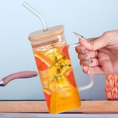 1CHASE Borosilicate Square Drinking Glasses With Bamboo Lid, Glass Straw and Handle 320 ML (1 PCS)