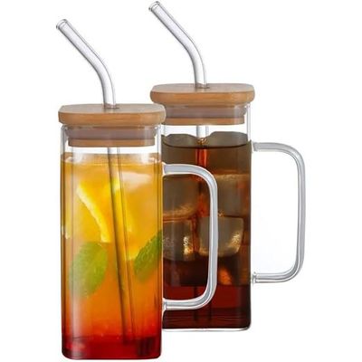 1CHASE Borosilicate Square Drinking Glasses With Bamboo Lid, Glass Straw and Handle 320 ML (2 PCS)