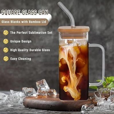 1CHASE Borosilicate Square Drinking Glasses With Bamboo Lid, Glass Straw and Handle 320 ML (2 PCS)