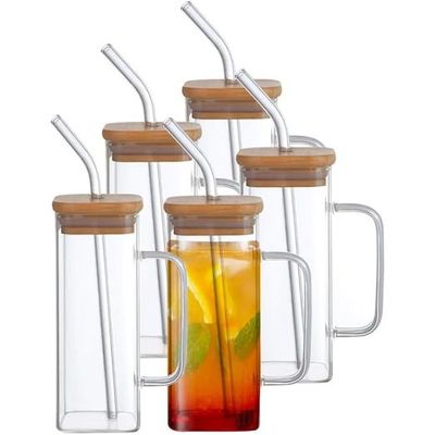 1CHASE Borosilicate Square Drinking Glasses With Bamboo Lid, Glass Straw and Handle 320 ML (4 PCS)