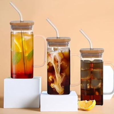 1CHASE Borosilicate Square Drinking Glasses With Bamboo Lid, Glass Straw and Handle 320 ML (4 PCS)