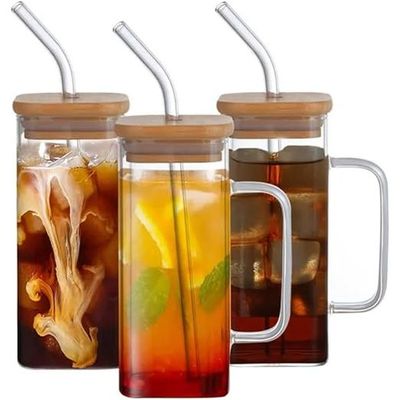 1CHASE Borosilicate Square Drinking Glasses With Bamboo Lid, Glass Straw and Handle 320 ML (4 PCS)