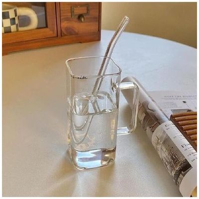 1CHASE Borosilicate Square Drinking Glasses With Bamboo Lid, Glass Straw and Handle 320 ML (4 PCS)