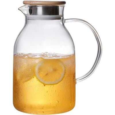 1CHASE Borosilicate Glass Water Pitcher With Lid And Stainless Steel Strainer For Tea 1800 ML (Bamboo LID)