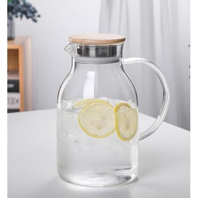 1CHASE Borosilicate Glass Water Pitcher With Lid And Stainless Steel Strainer For Tea 1800 ML (Bamboo LID)