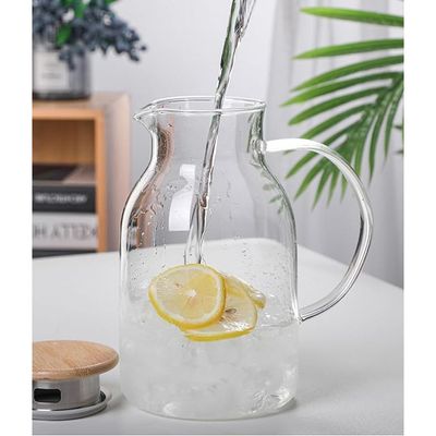 1CHASE Borosilicate Glass Water Pitcher With Lid And Stainless Steel Strainer For Tea 1800 ML (Bamboo LID)