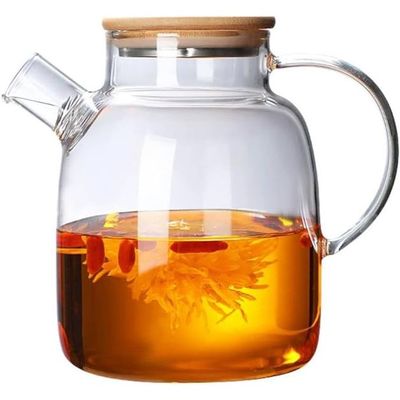 1CHASE Borosilicate Glass Teapot with Bamboo Lid and Removable Infuser,Perfect for Loose Leaf and Blooming Tea 1600ML