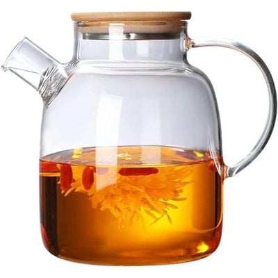 إبريق شاي من زجاج البورسليكات 1CHASE مع غطاء من الخيزران ومصفاة قابلة للإزالة، مثالي للأوراق السائبة والشاي المزهر 1600 مل