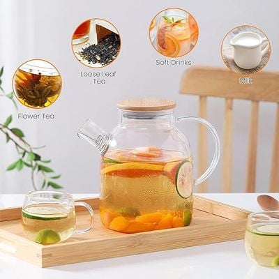 1CHASE Borosilicate Glass Teapot with Bamboo Lid and Removable Infuser,Perfect for Loose Leaf and Blooming Tea 1600ML