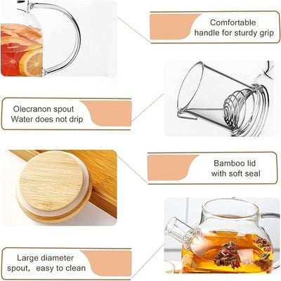 1CHASE Borosilicate Glass Teapot with Bamboo Lid and Removable Infuser,Perfect for Loose Leaf and Blooming Tea 1600ML