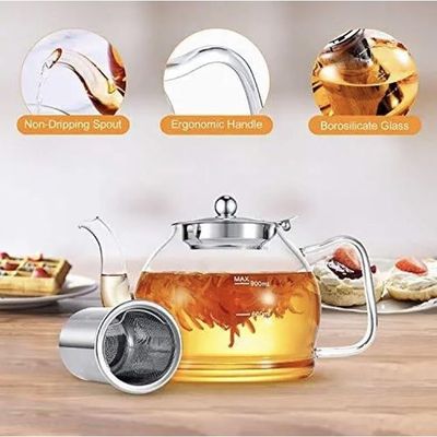 1CHASE Borosilicate Glass Teapot 1200 ML with Stainless Steel Infuser with Lid