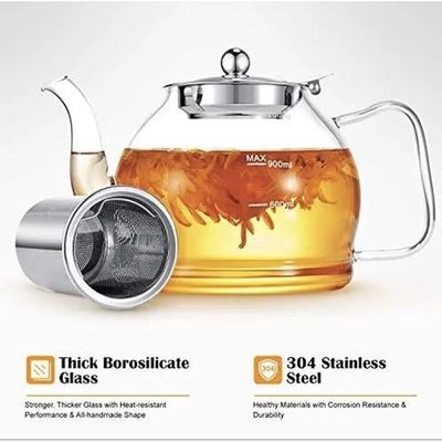 1CHASE Borosilicate Glass Teapot 1200 ML with Stainless Steel Infuser with Lid