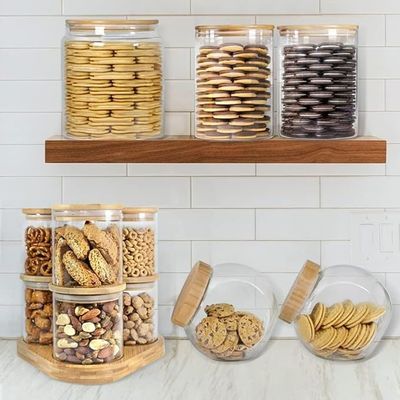 1CHASE Borosilicate Glass Food Storage Jars with Bamboo Lids and Wooden Base (Set of 6 of 16oz)