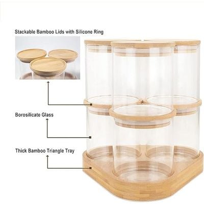 1CHASE Borosilicate Glass Food Storage Jars with Bamboo Lids and Wooden Base (Set of 6 of 16oz)