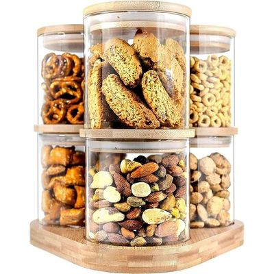 1CHASE Borosilicate Glass Food Storage Jars with Bamboo Lids and Wooden Base (Set of 6 of 16oz)