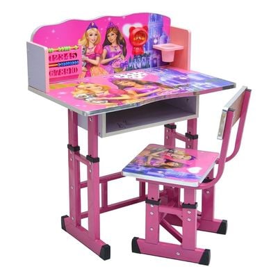 مكتب دراسة وكرسي للأطفال قابل للتعديل طقم مكتب دراسة باربي وكرسي، طاولة دراسة تعليمية ومجموعة كرسي للأطفال باللون الوردي