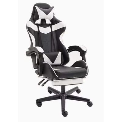 Gaming Chair with Footrest & PU Leatherette High Back Ergonomic Swivel, Tilt Tension Adjustment (Black/White, With Footrest)