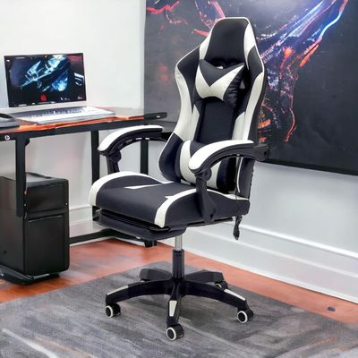 Gaming Chair with Footrest & PU Leatherette High Back Ergonomic Swivel, Tilt Tension Adjustment (Black/White, With Footrest)