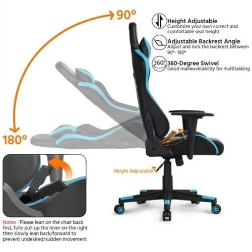 Professional Gaming Chair, Polyvor, 3D Armrests, Class 4 Piston, Seat Rocker, Height Adjustable, Recliner, Lumbar &amp; Cervical Cushions (Blue/Black)