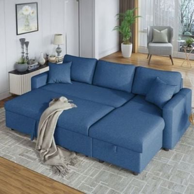 أريكة سرير مع وسائد مساحة تخزين على شكل حرف L (أزرق) أريكة سرير قابلة للتحويل على شكل حرف L مقاس 210X150X75 سم