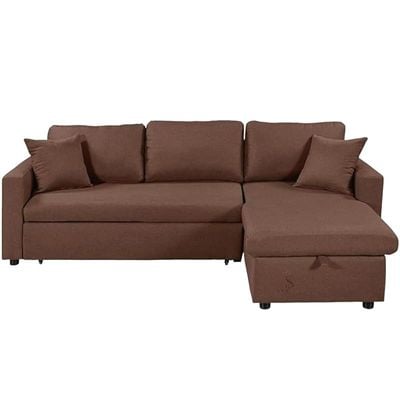 أريكة سرير مع وسائد ومساحة تخزين على شكل حرف L (بني) أريكة سرير قابلة للتحويل على شكل حرف L من بوم، مقاس 210 × 150 × 75 سم