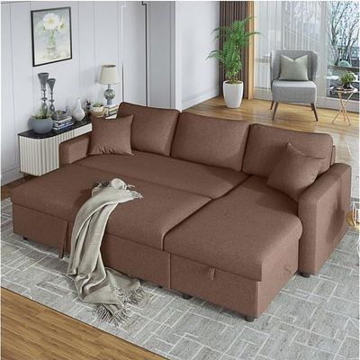 Sofa Cum Bed With Cushions L-Shaped Storage Space (Brown)
