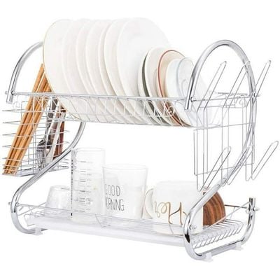 2 Shelves Kitchen Dish Rack Silver 45x15centimeter