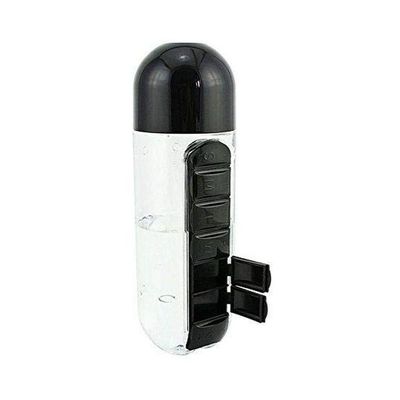 Water Bottle With Pill Case Black/Clear 600ml