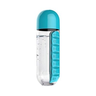 Plastic Water Bottle With Daily Pill Box Organizer Blue/Clear 23.5x6.9cm